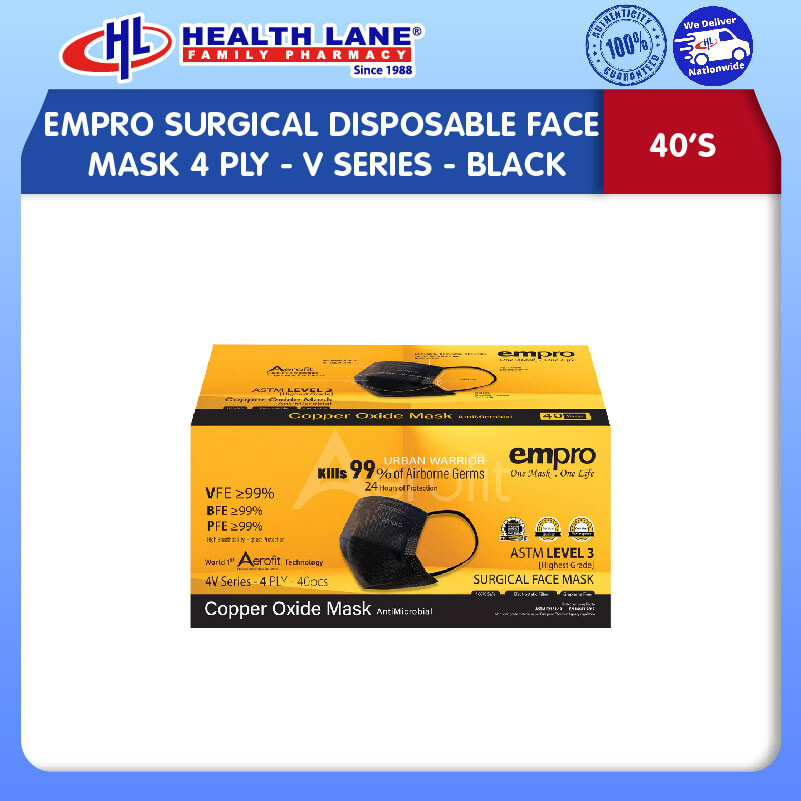 EMPRO SURGICAL DISPOSABLE FACE MASK 4 PLY 40'S- V SERIES- BLACK